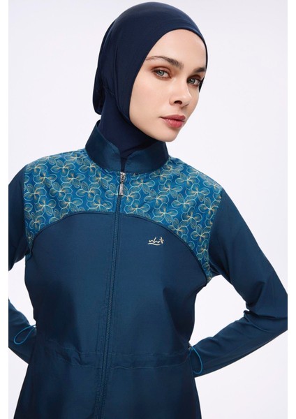 3 Parça Tam Tesettür Mayo Takımı Kadınlar İçin Desenli Petrol Mavisi Yazlık fırsatları