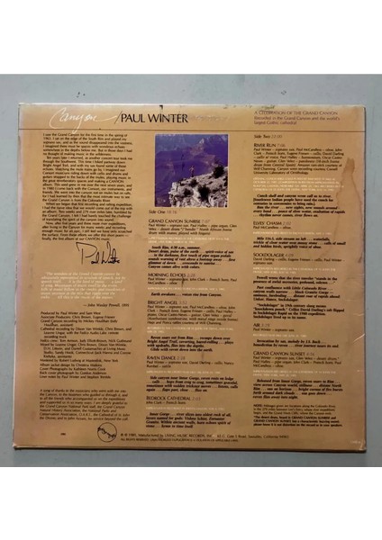 Paul Winter Canyon Lp Plak (Orjinal 1985 Dönem Avrupa Baskı)