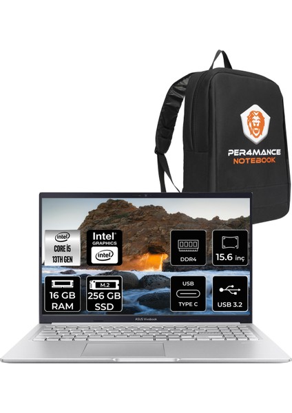 Vivobook 15 Intel Core I5 13420H 16GB 256GB SSD 15.6" Fhd Fdos Taşınabilir Bilgisayar & Per4 Çanta X1502VANJ734P311