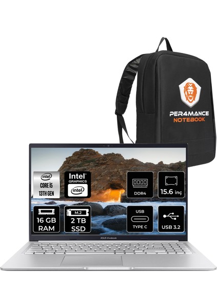 Vivobook 15 Intel Core I5 13420H 16GB 2tb SSD 15.6" Fhd Fdos Taşınabilir Bilgisayar & Per4 Çanta X1502VANJ734P314