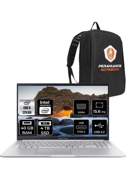 Vivobook 15 Intel Core I5 13420H 40GB 4tb SSD 15.6" Fhd Fdos Taşınabilir Bilgisayar & Per4 Çanta X1502VANJ734P340