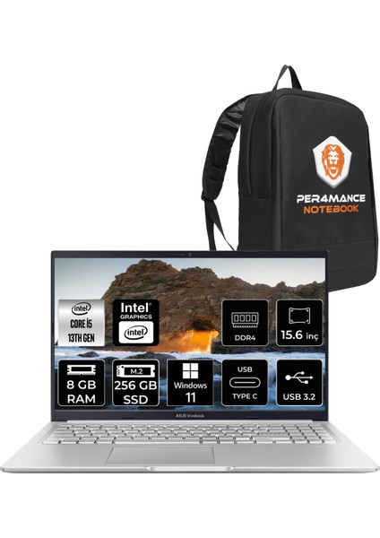 Vivobook 15 Intel Core I5 13420H 8gb 256GB SSD 15.6" Fhd Windows 11 Home Taşınabilir Bilgisayar & Per4 Çanta X1502VANJ734P351