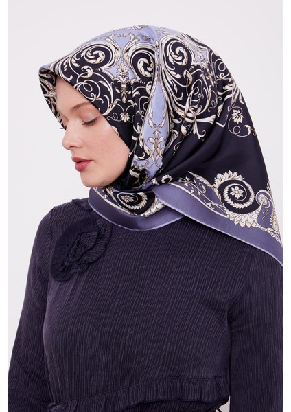 Kot Mavi Varak Desenli Twill Ipek Eşarp
