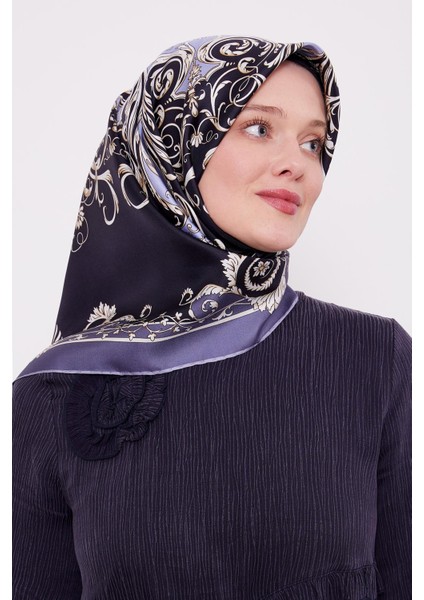 Kot Mavi Varak Desenli Twill Ipek Eşarp