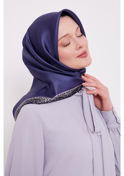 Indigo Leopar Desen Twill Ipek Eşarp