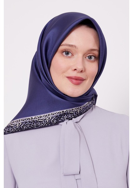Indigo Leopar Desen Twill Ipek Eşarp