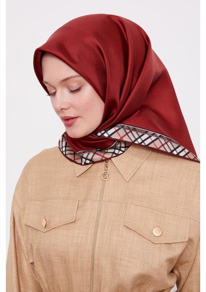 Bordo Ekose Kenar Twill Ipek Eşarp