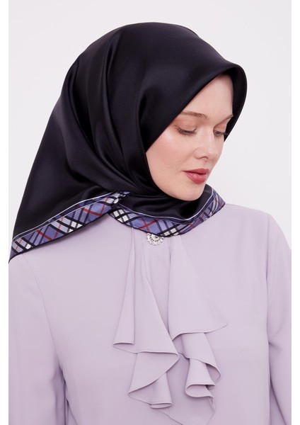 Lacivert Ekose Kenar Twill Ipek Eşarp