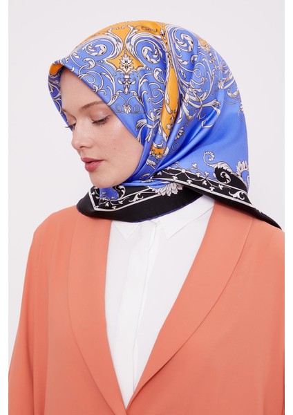 Mavi Varak Desenli Twill Ipek Eşarp