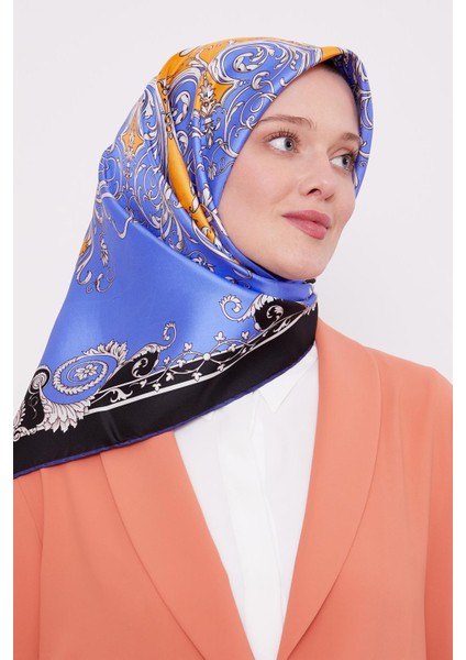 Mavi Varak Desenli Twill Ipek Eşarp
