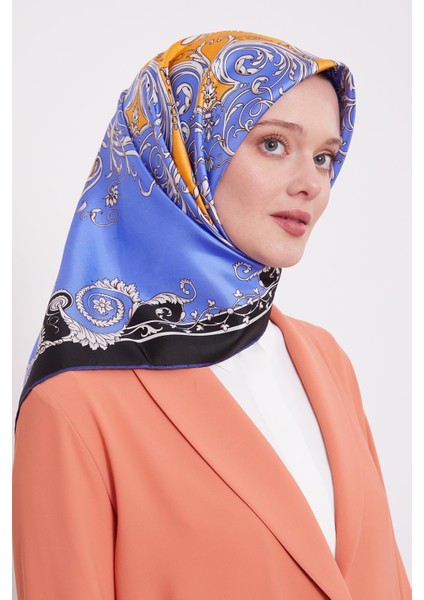 Mavi Varak Desenli Twill Ipek Eşarp