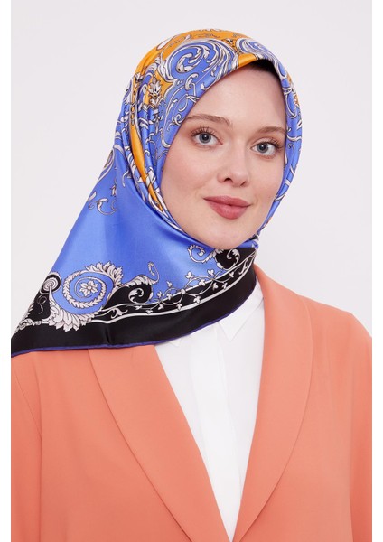 Mavi Varak Desenli Twill Ipek Eşarp