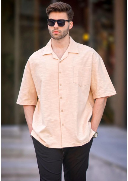 Bej Kısa Kollu Oversize Erkek Gömlek 6737