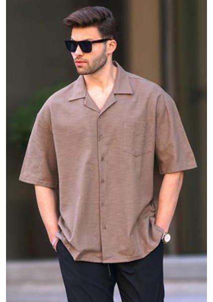 Kahverengi Kısa Kollu Oversize Erkek Gömlek 6737