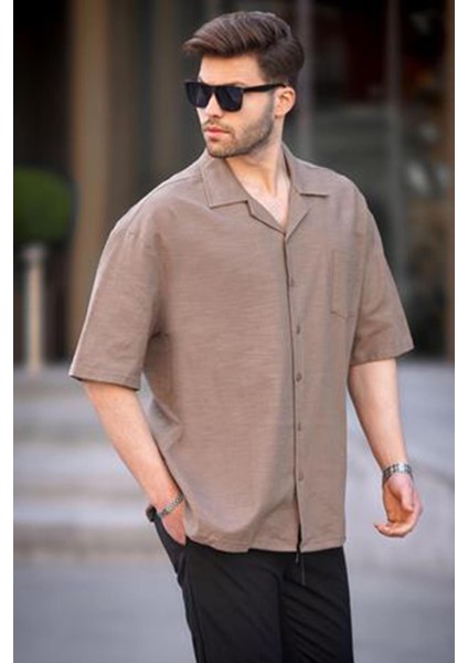 Kahverengi Kısa Kollu Oversize Erkek Gömlek 6737 fiyatları