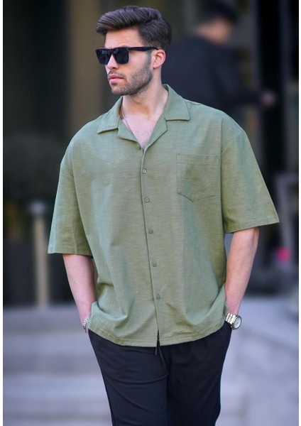Haki Kısa Kollu Oversize Erkek Gömlek 6737