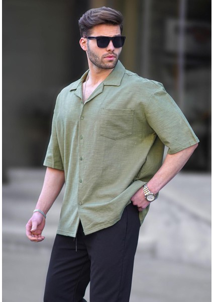 Haki Kısa Kollu Oversize Erkek Gömlek 6737
