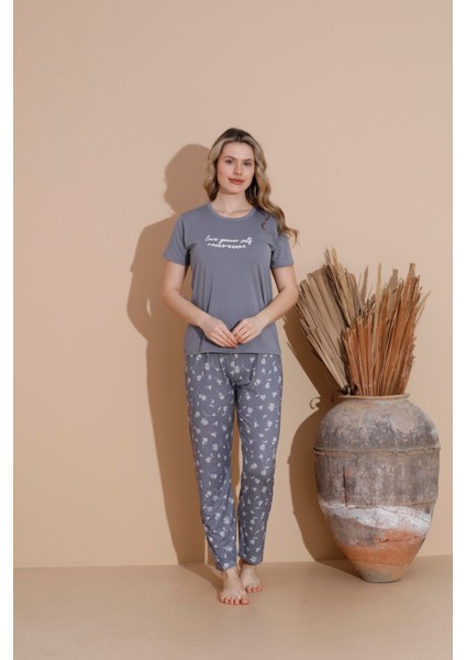 Kadın 20254 Kısa Kol Pijama Takımı Füme