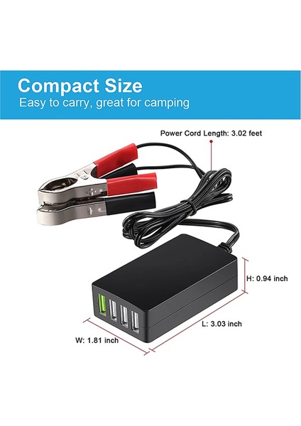 Taşınabilir Dc Pil Klipsli, 12V/24V - 5V 4 Portlu USB Şarj Cihazı Çoklu Port Adaptörü Diğer Akıllı Telefon ve Tabletler (Yurt Dışından)