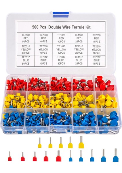 Çift Telli Yüksük Kiti, 500 Adet Tel Yüksük Terminalleri, Yalıtımlı Yüksük Sıkma Pimi Terminalleri, Kordon Pimi Uç Terminali (Yurt Dışından)