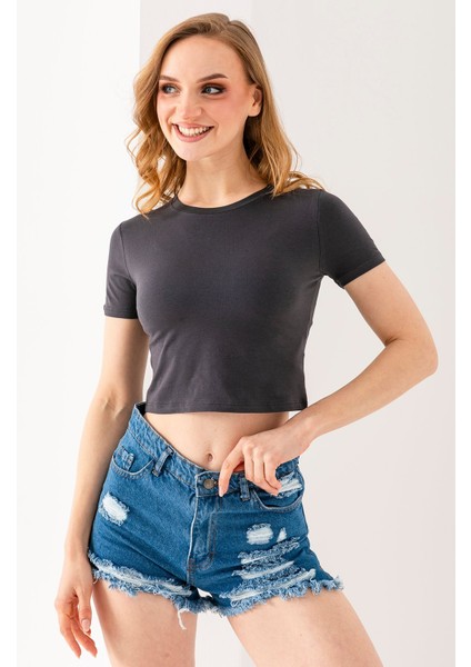 Kadın Bisiklet Yaka Pamuklu Basic Crop T-Shirt Antrasit – MS0000102