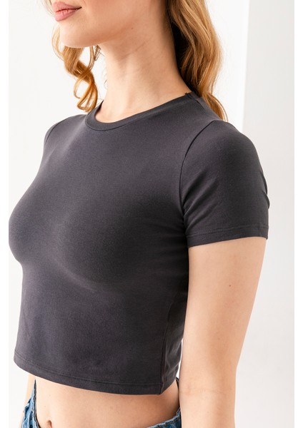Kadın Bisiklet Yaka Pamuklu Basic Crop T-Shirt Antrasit – MS0000102 fiyatları