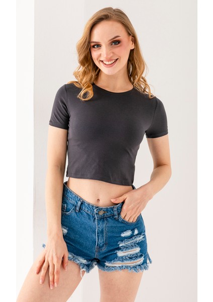 Kadın Bisiklet Yaka Pamuklu Basic Crop T-Shirt Antrasit – MS0000102 modelleri
