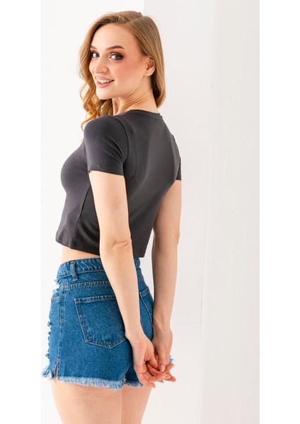 Kadın Bisiklet Yaka Pamuklu Basic Crop T-Shirt Antrasit – MS0000102 fırsatları