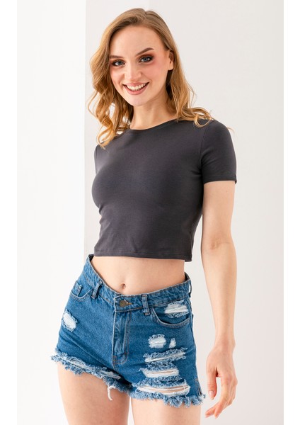 Kadın Bisiklet Yaka Pamuklu Basic Crop T-Shirt Antrasit – MS0000102 indirimleri