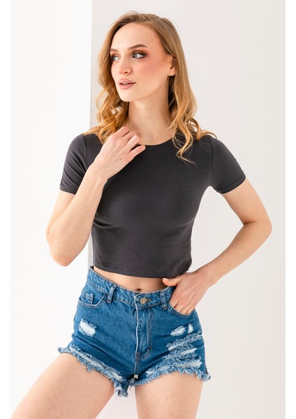 Kadın Bisiklet Yaka Pamuklu Basic Crop T-Shirt Antrasit – MS0000102