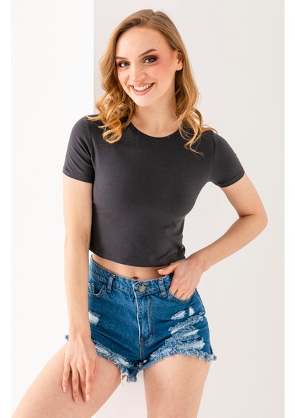 Kadın Bisiklet Yaka Pamuklu Basic Crop T-Shirt Antrasit – MS0000102