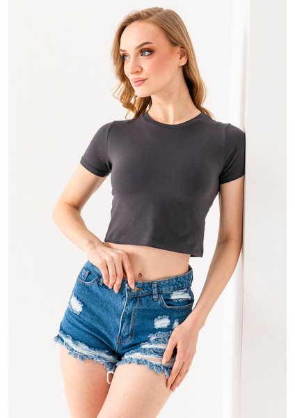 Kadın Bisiklet Yaka Pamuklu Basic Crop T-Shirt Antrasit – MS0000102