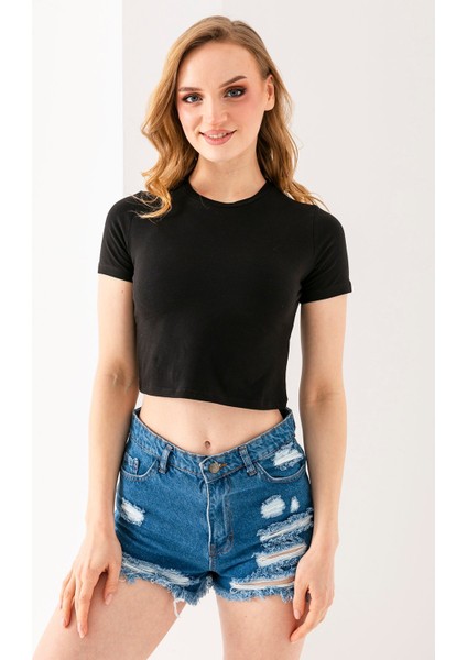 Kadın Bisiklet Yaka Pamuklu Basic Crop T-Shirt Siyah – MS0000102