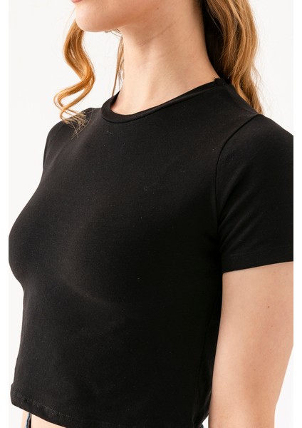 Kadın Bisiklet Yaka Pamuklu Basic Crop T-Shirt Siyah – MS0000102 fiyatları