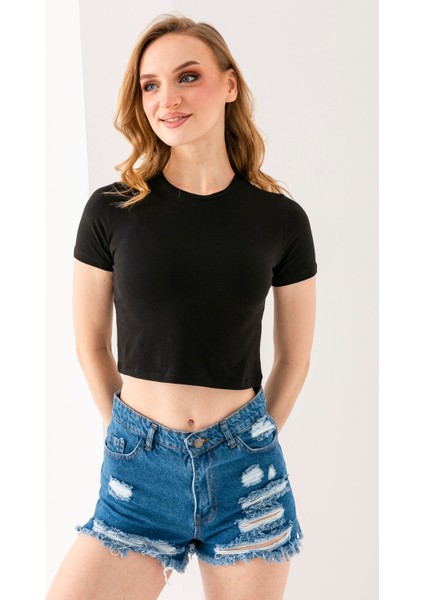 Kadın Bisiklet Yaka Pamuklu Basic Crop T-Shirt Siyah – MS0000102 modelleri