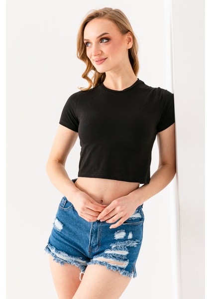 Kadın Bisiklet Yaka Pamuklu Basic Crop T-Shirt Siyah – MS0000102 indirimleri