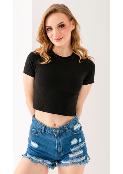 Kadın Bisiklet Yaka Pamuklu Basic Crop T-Shirt Siyah – MS0000102