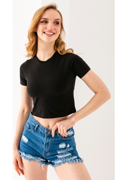 Kadın Bisiklet Yaka Pamuklu Basic Crop T-Shirt Siyah – MS0000102
