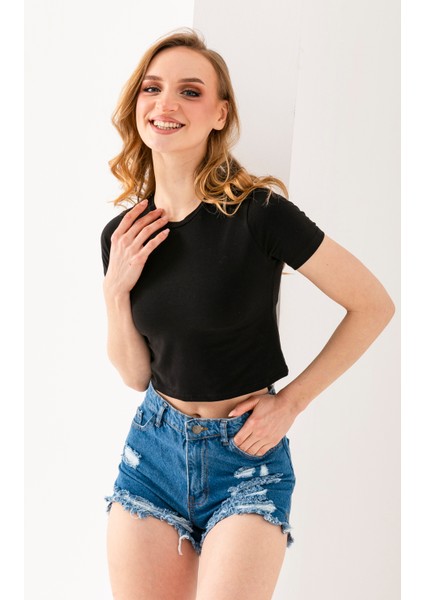 Kadın Bisiklet Yaka Pamuklu Basic Crop T-Shirt Siyah – MS0000102