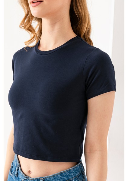 Kadın Bisiklet Yaka Pamuklu Basic Crop T-Shirt Lacivert – MS0000102 fiyatları
