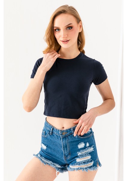 Kadın Bisiklet Yaka Pamuklu Basic Crop T-Shirt Lacivert – MS0000102 modelleri