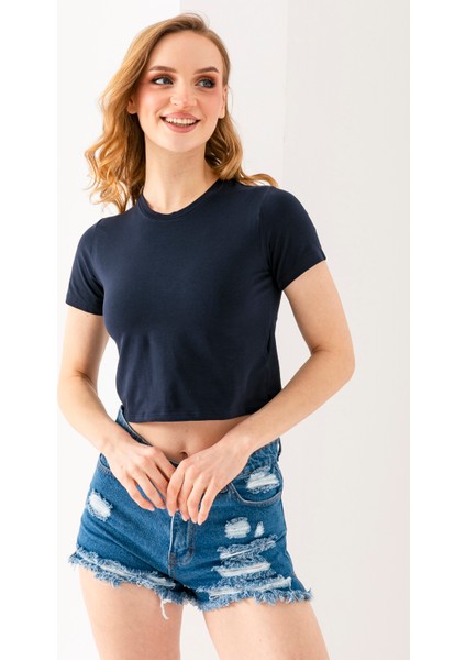 Kadın Bisiklet Yaka Pamuklu Basic Crop T-Shirt Lacivert – MS0000102