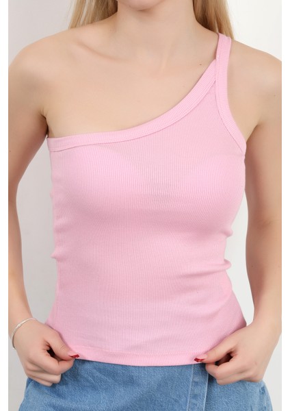 Kadın Tek Omuz Asimetrik Yaka Dokulu Bluz Pembe - MS0000579