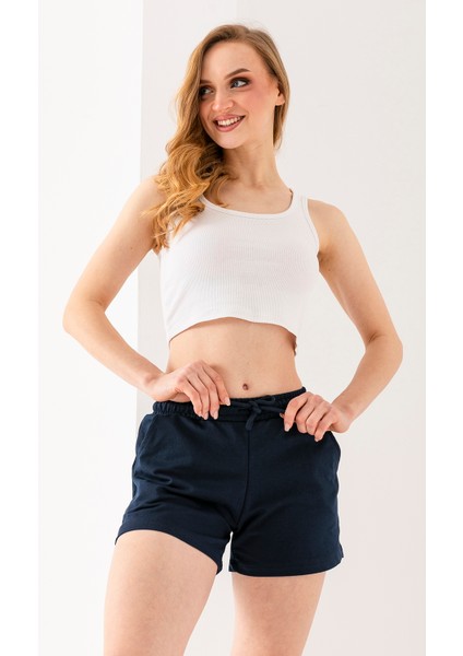 Kadın Beli Lastikli Bağcıklı Cepli Şort Lacivert - 25607