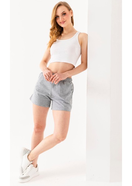 Kadın Beli Lastikli Bağcıklı Cepli Şort Karmelanj - 25607