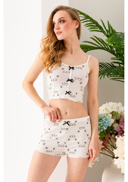 Kadın Kedi Desenli Atlet Şort Pijama Takımı Beyaz - 25Y 10041