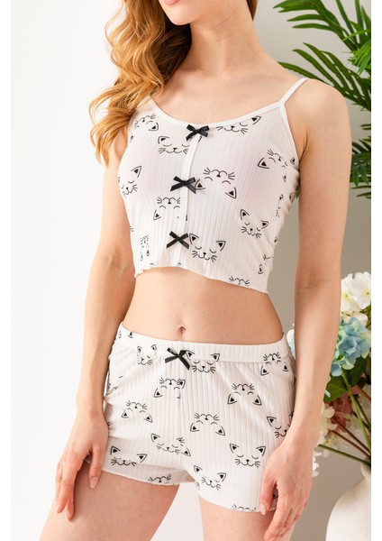 Kadın Kedi Desenli Atlet Şort Pijama Takımı Beyaz - 25Y 10041