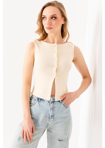 Kadın Bisiklet Yaka Düğmeli Fitilli Body Krem - 25Y 2457