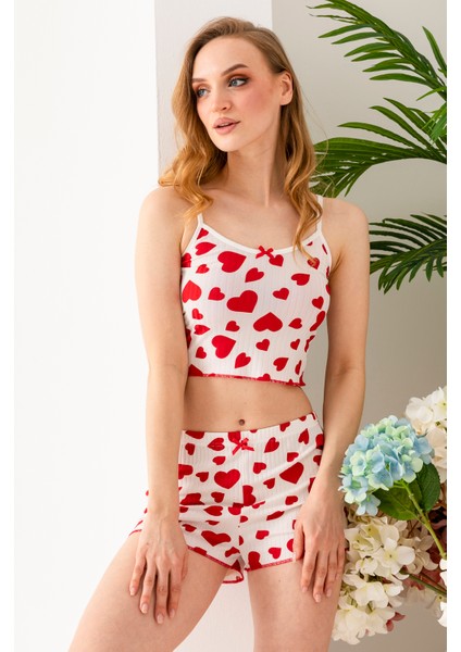 Kadın Kalp Desenli Atlet Şort Pijama Takımı Beyaz - 25Y 10041