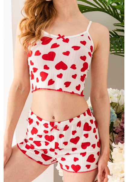 Kadın Kalp Desenli Atlet Şort Pijama Takımı Beyaz - 25Y 10041